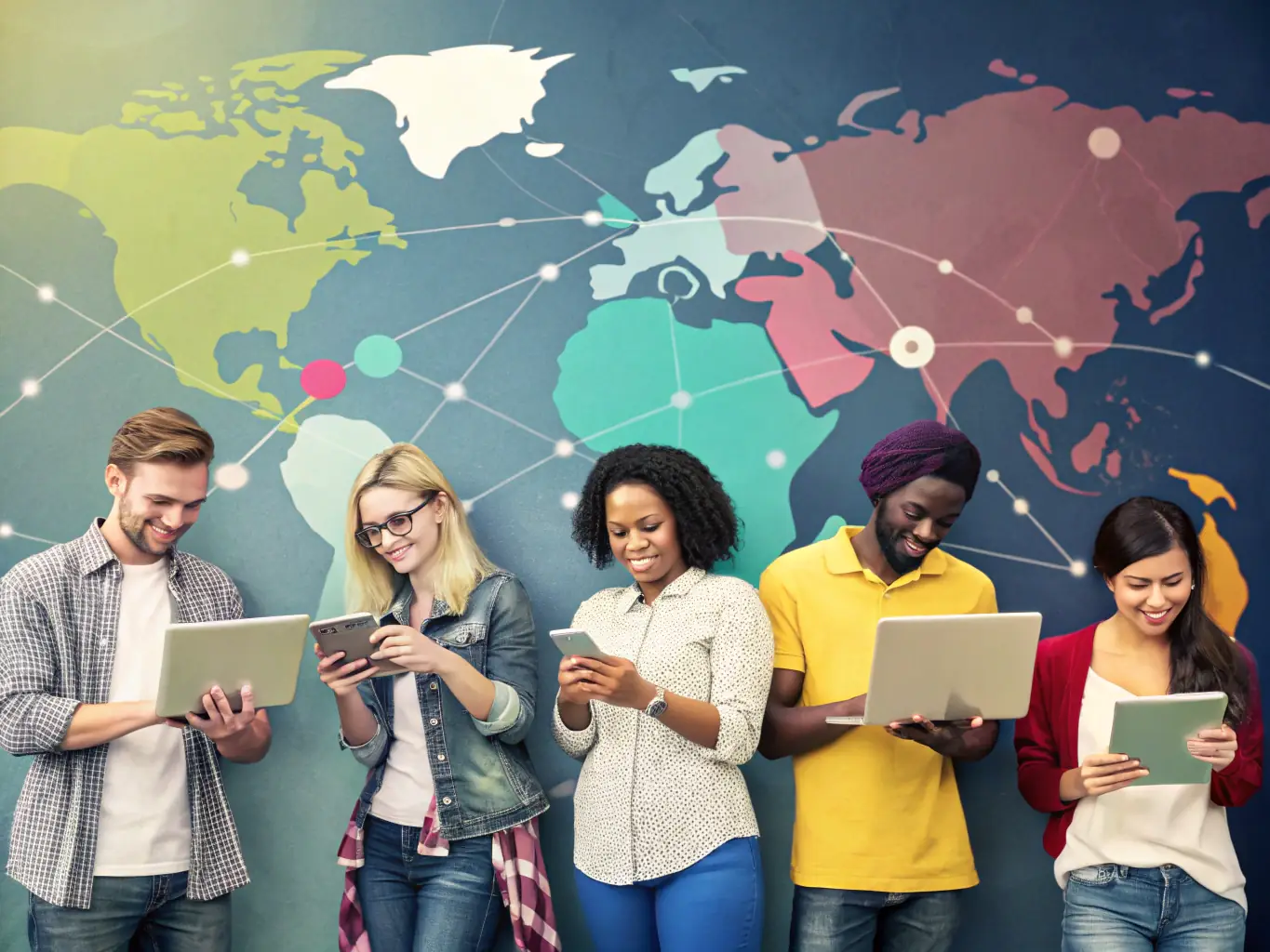 A vibrant illustration of a diverse group of customers interacting with a mobile app on their smartphones, tablets, and smartwatches, highlighting features such as personalized notifications, loyalty programs, and interactive support channels.