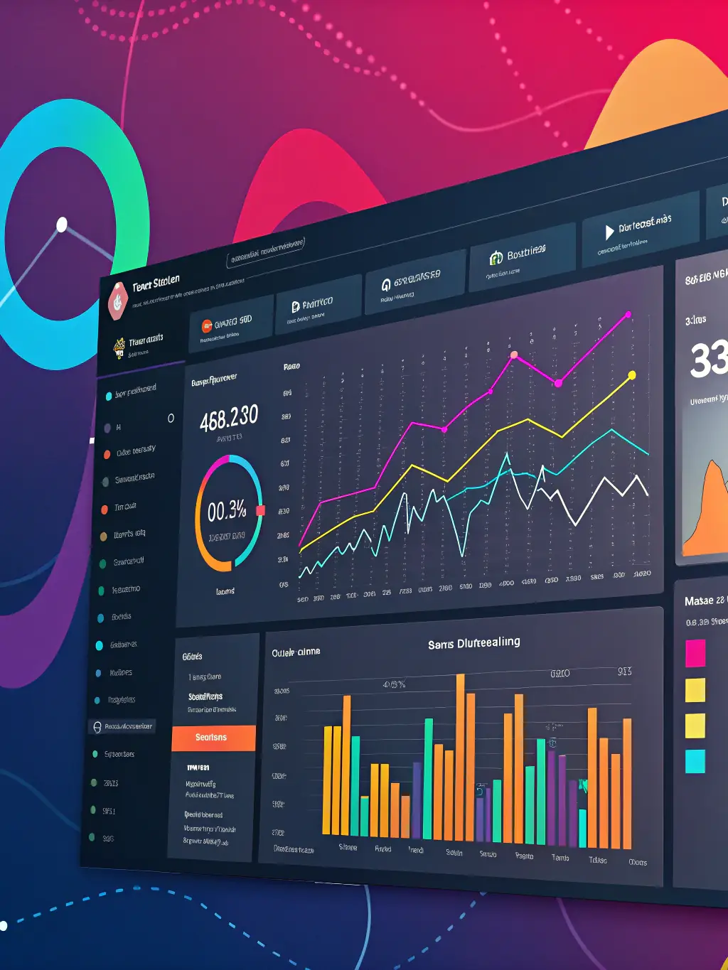 A dynamic dashboard displaying real-time data streams with interactive charts and graphs, showcasing key performance indicators for a business application.