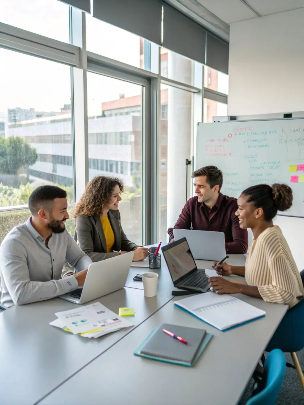 A diverse team collaborating around a table, analyzing customer feedback data visualized in a Privnate.com analytics dashboard on a shared tablet.