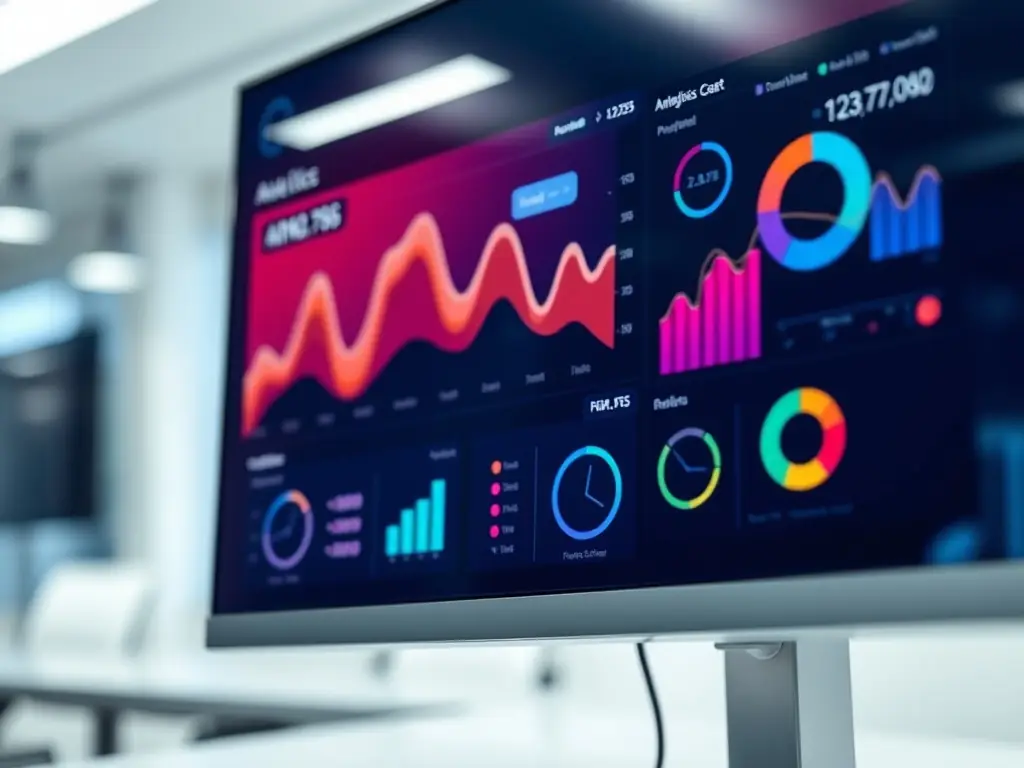 A sleek, modern mobile app interface displayed on a smartphone, showcasing a user-friendly dashboard with key performance indicators (KPIs) and real-time data analytics, set against a backdrop of a bustling office environment to emphasize productivity.