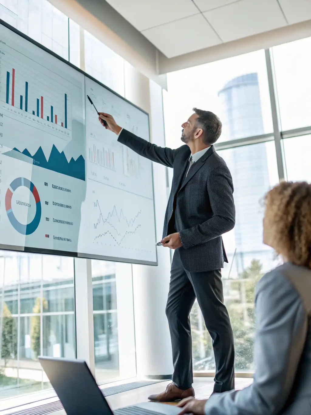 A professional businessman in a suit confidently pointing at a data analytics dashboard displayed on a large screen, showcasing positive growth trends and key performance indicators.